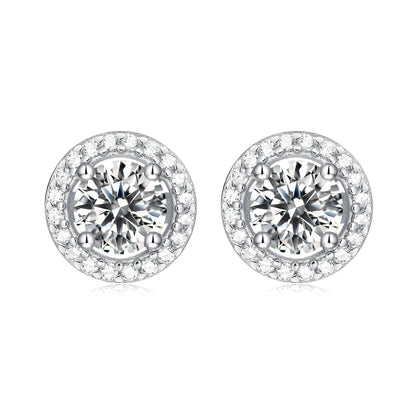 Round Moissanite Stud Earrings with Floating Halo in 18K White Gold Plated Sterling Silver (1 - 2ct. ) - La Pretti