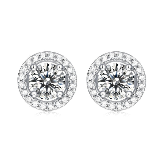 Round Moissanite Stud Earrings with Floating Halo in 18K White Gold Plated Sterling Silver (1 - 2ct. ) - La Pretti