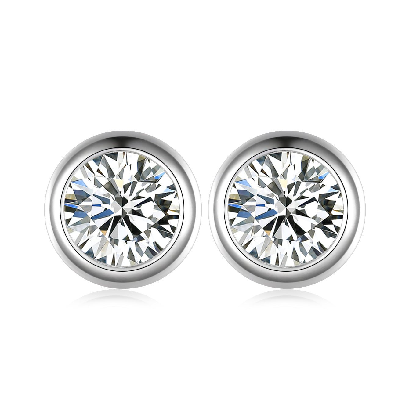 Round Moissanite Full Bezel - Set Stud Earrings in 18K White Gold Plated Sterling Silver (1 - 2ct. ) - La Pretti