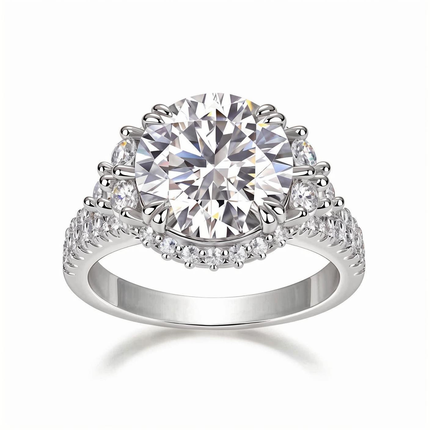 Round Moissanite Halo Engagement Ring with Shoulder Cluster in Pave Setting (5ct. ) - La Pretti