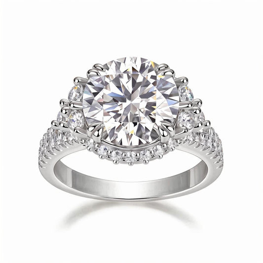 Round Moissanite Halo Engagement Ring with Shoulder Cluster in Pave Setting (5ct. ) - La Pretti