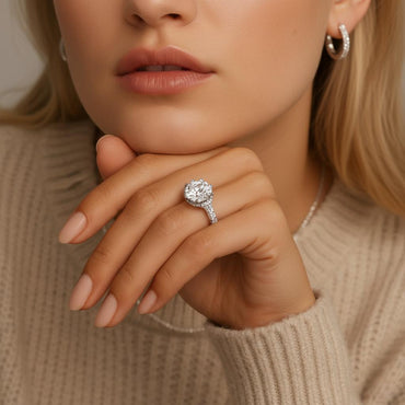 Round Moissanite Halo Engagement Ring with Shoulder Cluster in Pave Setting (5ct. ) - La Pretti