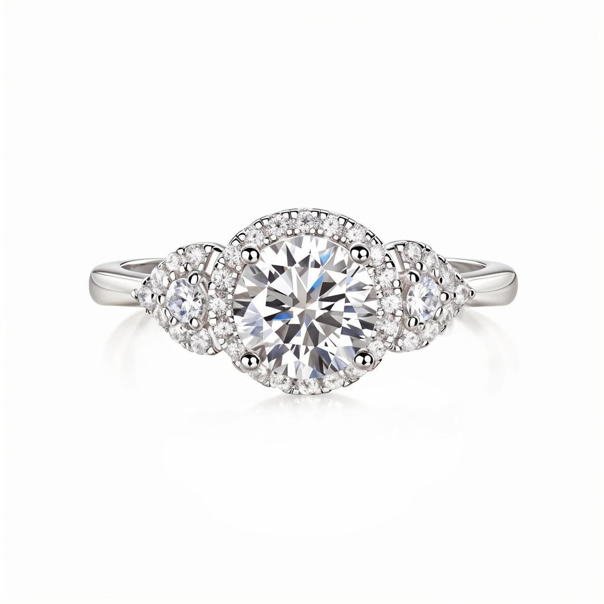 Round Halo Moissanite Three Stone Engagement Ring with Tapered Trillion Side Stones(1ct. ) - La Pretti
