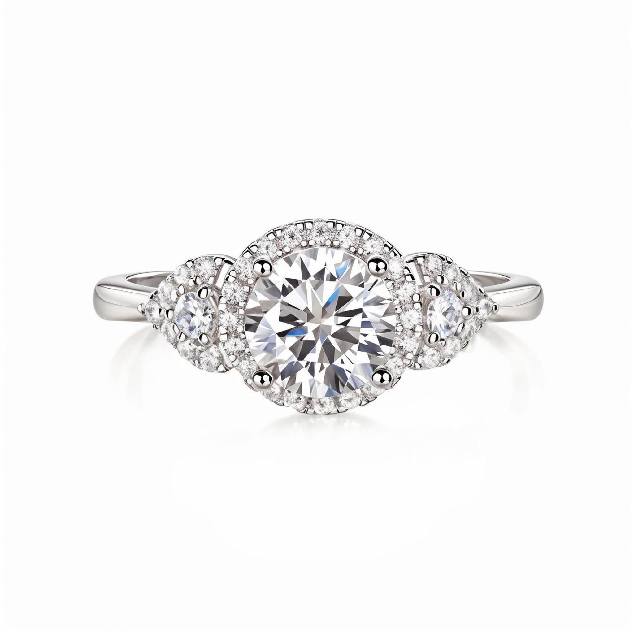 Round Halo Moissanite Three Stone Engagement Ring with Tapered Trillion Side Stones(1ct. ) - La Pretti