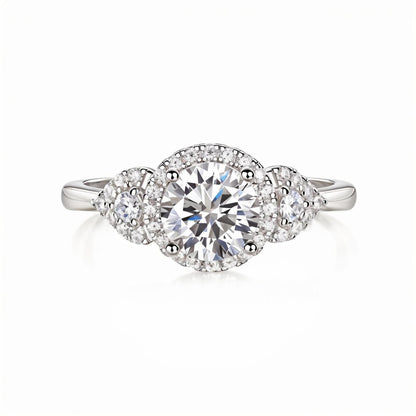 Round Halo Moissanite Three Stone Engagement Ring with Tapered Trillion Side Stones(1ct. ) - La Pretti