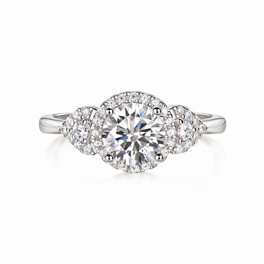 Round Halo Moissanite Three Stone Engagement Ring with Tapered Trillion Side Stones(1ct. ) - La Pretti