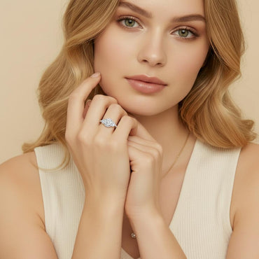 Round Halo Moissanite Three Stone Engagement Ring with Tapered Trillion Side Stones(1ct. ) - La Pretti