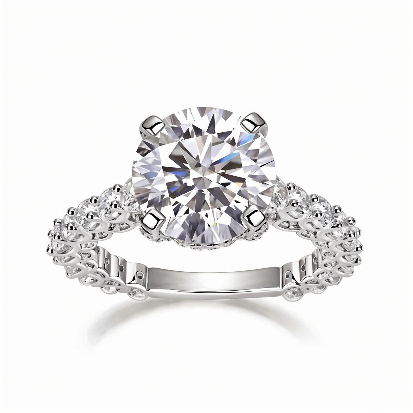 Round Solitaire Moissanite Hidden Halo Engagement Ring in Cathedral Scalloped Pave Setting (5ct. ) - La Pretti