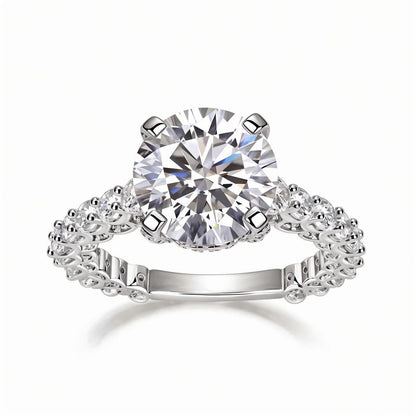 Round Solitaire Moissanite Hidden Halo Engagement Ring in Cathedral Scalloped Pave Setting (5ct. ) - La Pretti