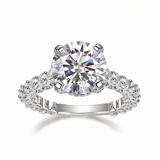 Round Solitaire Moissanite Hidden Halo Engagement Ring in Cathedral Scalloped Pave Setting (5ct. ) - La Pretti