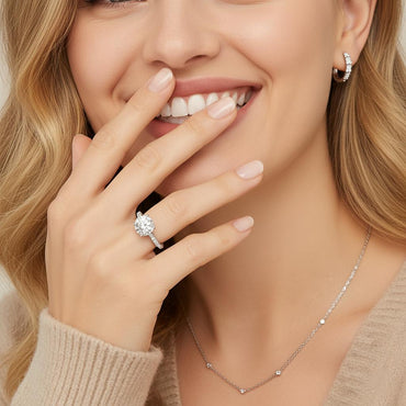 Round Solitaire Moissanite Hidden Halo Engagement Ring in Cathedral Scalloped Pave Setting (5ct. ) - La Pretti