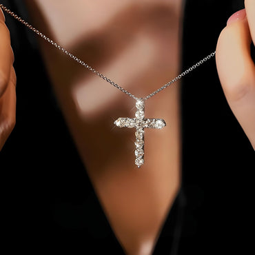 Cross Moissanite Round Pave Pendant Necklace with Cable Chain(0.1ct. ) - La Pretti