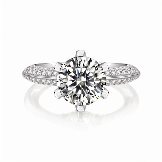 Round Moissanite Solitaire Engagement Ring with 6 Prongs in Micro Pave Setting (3 - 5ct. ) - La Pretti