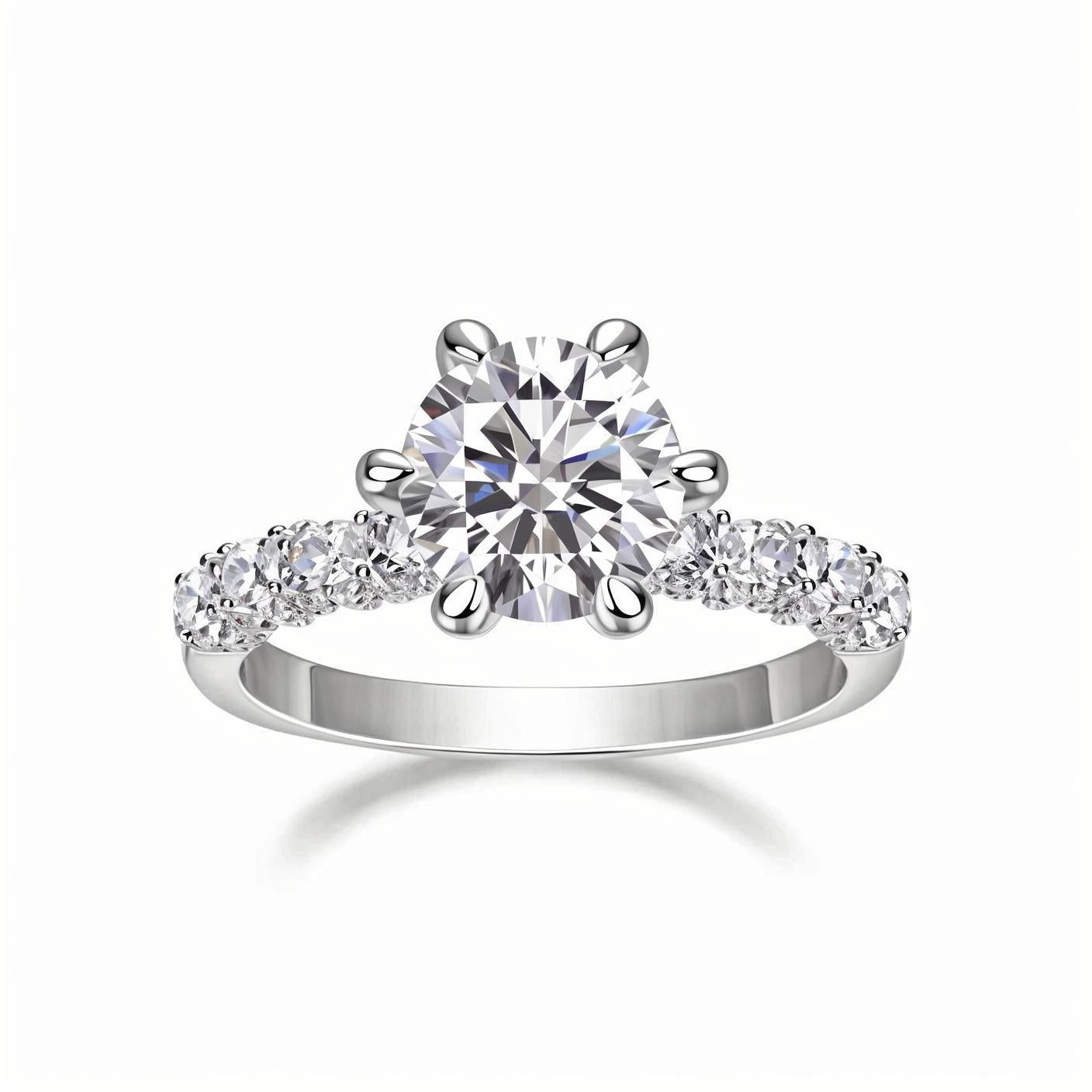 Round Moissanite Solitaire Engagement Ring with 6 Prongs in Paved Band (2 - 3ct. ) - La Pretti