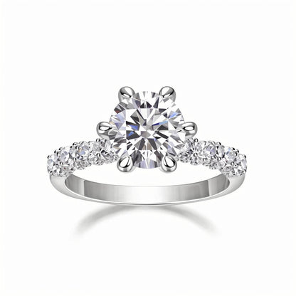 Round Moissanite Solitaire Engagement Ring with 6 Prongs in Paved Band (2 - 3ct. ) - La Pretti