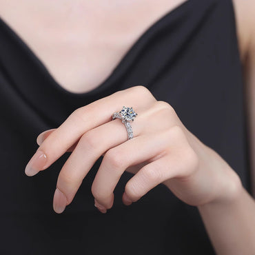 Round Moissanite Solitaire Engagement Ring with 6 Prongs in Paved Band (2 - 3ct. ) - La Pretti