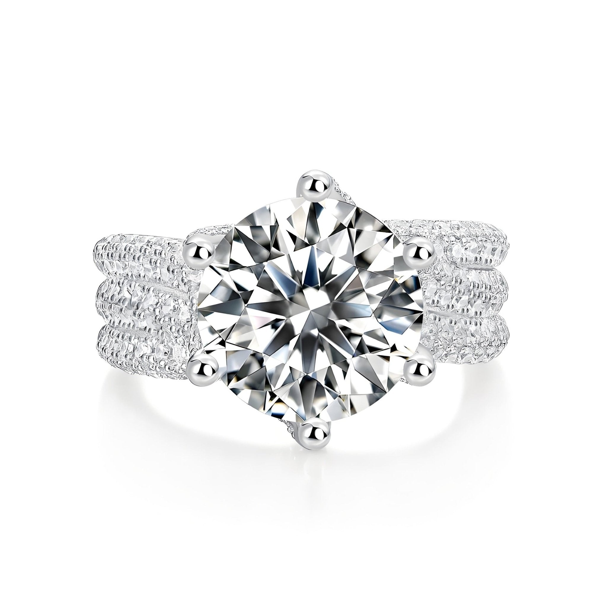 Round Moissanite Solitaire Engagement Ring in Three Row Fully Paved Band (5ct. ) - La Pretti