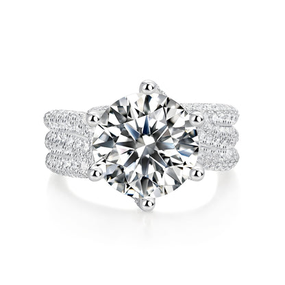 Round Moissanite Solitaire Engagement Ring in Three Row Fully Paved Band (5ct. ) - La Pretti