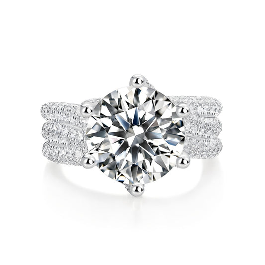 Round Moissanite Solitaire Engagement Ring in Three Row Fully Paved Band (5ct. ) - La Pretti
