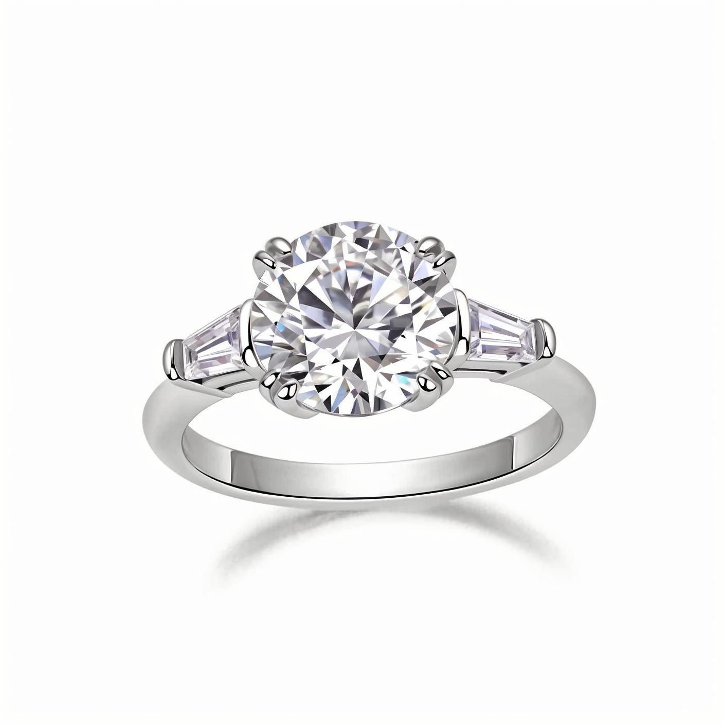 Round Moissanite Three Stone Engagement Ring with Tapered Baguette Side Stones (3ct. ) - La Pretti