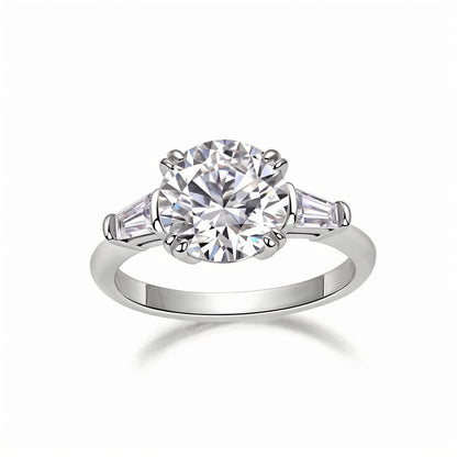 Round Moissanite Three Stone Engagement Ring with Tapered Baguette Side Stones (3ct. ) - La Pretti