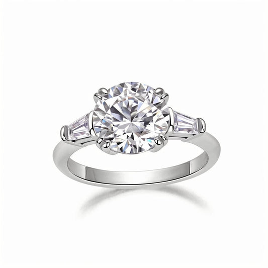 Round Moissanite Three Stone Engagement Ring with Tapered Baguette Side Stones (3ct. ) - La Pretti