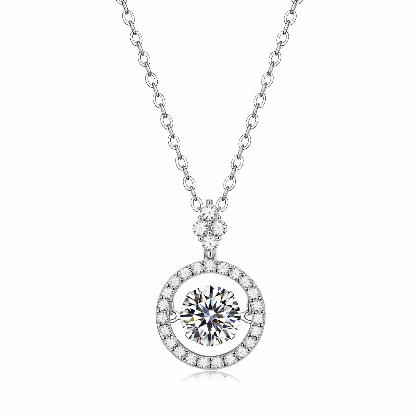 Dancing Stone Moissanite Round Pendant Necklace in Halo with Cluster Bail (1ct. ) - La Pretti