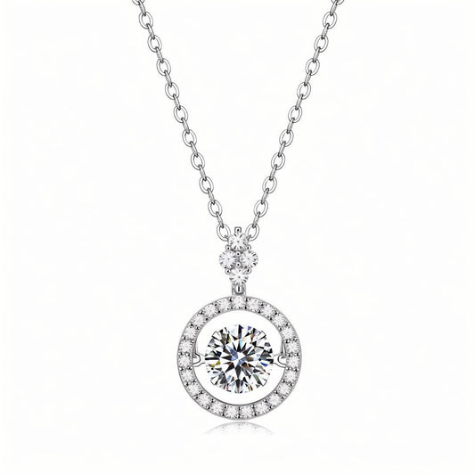 Dancing Stone Moissanite Round Pendant Necklace in Halo with Cluster Bail (1ct. ) - La Pretti