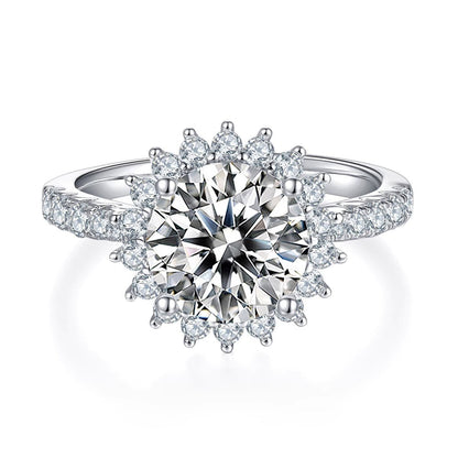 Moissanite Halo Engagement Ring of Sunburst Solitaire with Floral Cluster in Pave Setting (3ct. ) - La Pretti
