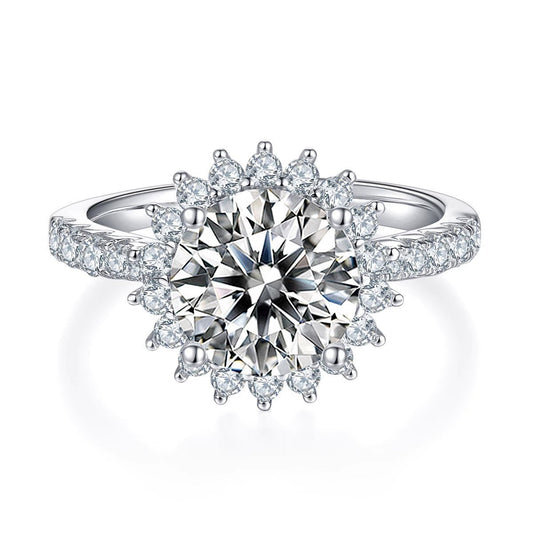 Moissanite Halo Engagement Ring of Sunburst Solitaire with Floral Cluster in Pave Setting (3ct. ) - La Pretti
