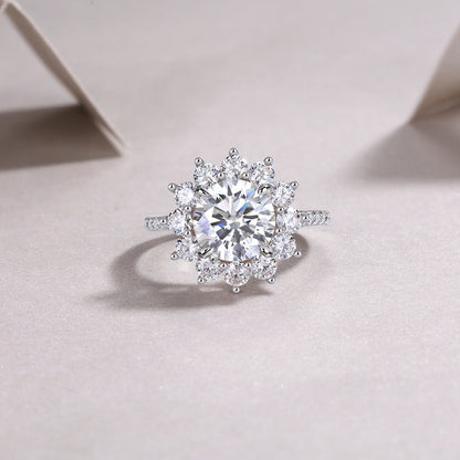 Moissanite Halo Engagement Ring of Sunburst Solitaire with Floral Cluster in Pave Setting (3ct. ) - La Pretti
