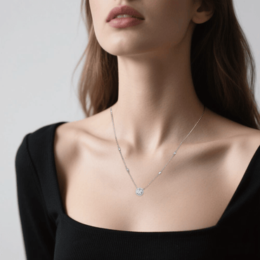 Station Moissanite Round Pendant Necklace in Seamless Halo Setting (1 - 3ct. ) - La Pretti