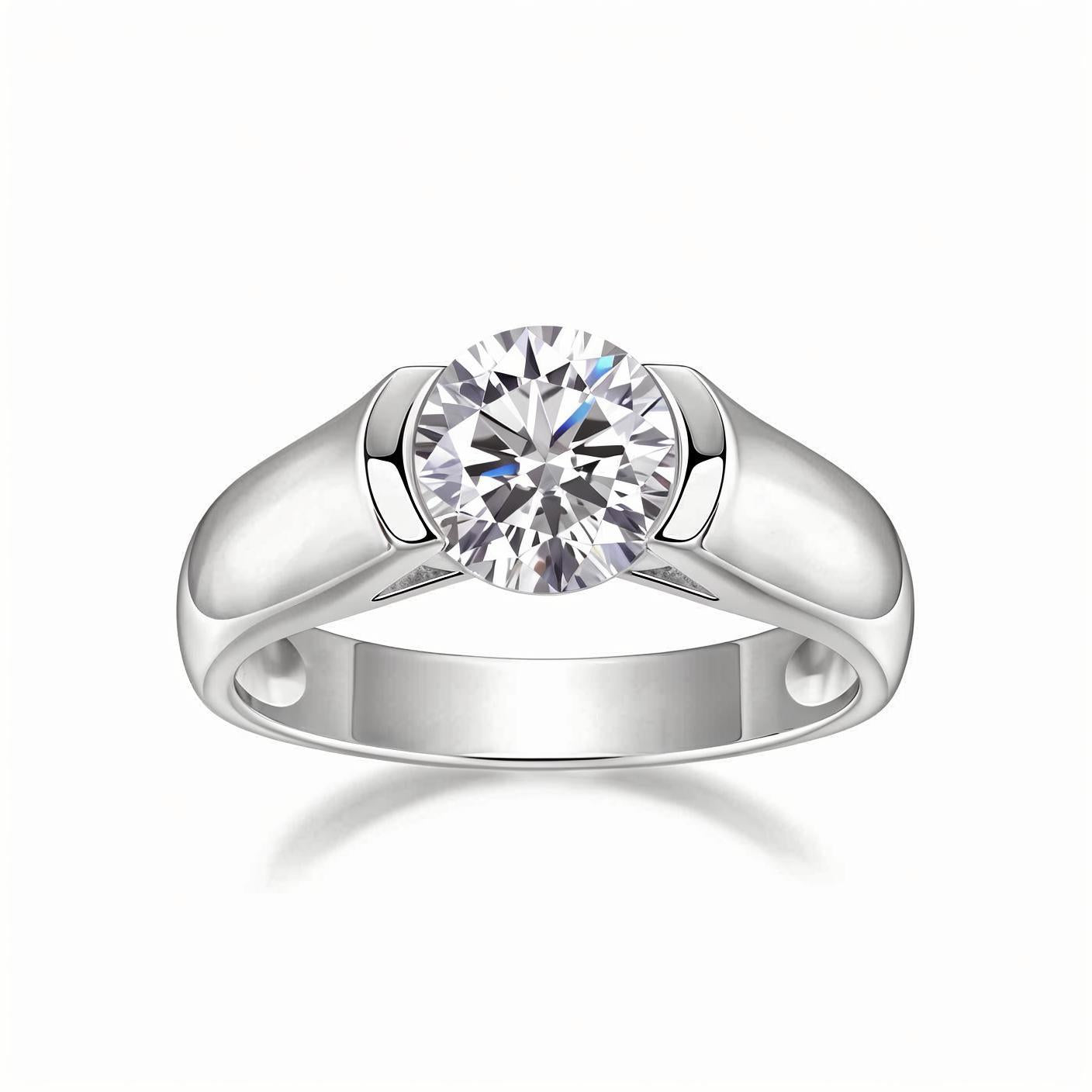 Solitaire Round Moissanite Half Bezel Engagement Ring (2ct. ) - La Pretti