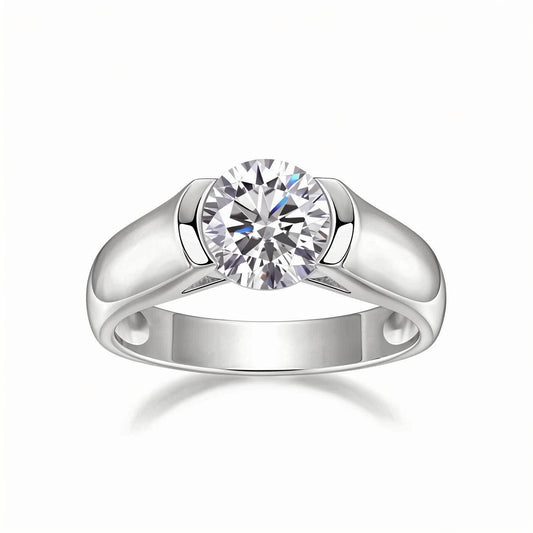 Solitaire Round Moissanite Half Bezel Engagement Ring (2ct. ) - La Pretti