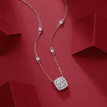 Station Moissanite Square Pendant Necklace in Seamless Halo Setting (1ct. ) - La Pretti