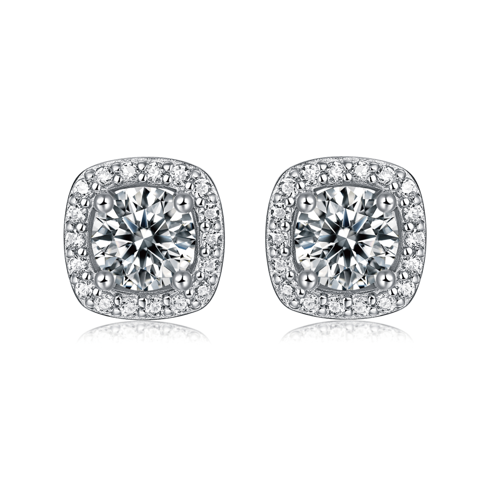 Square Moissanite Stud Earrings with Halos in 18K White Gold Plated Sterling Silver (1 - 2ct. ) - La Pretti