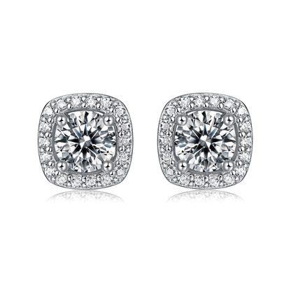 Square Moissanite Stud Earrings with Halos in 18K White Gold Plated Sterling Silver (1 - 2ct. ) - La Pretti