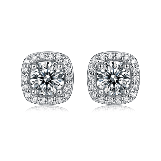 Square Moissanite Stud Earrings with Halos in 18K White Gold Plated Sterling Silver (1 - 2ct. ) - La Pretti