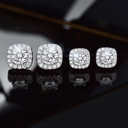 Square Moissanite Stud Earrings with Halos in 18K White Gold Plated Sterling Silver (1 - 2ct. ) - La Pretti