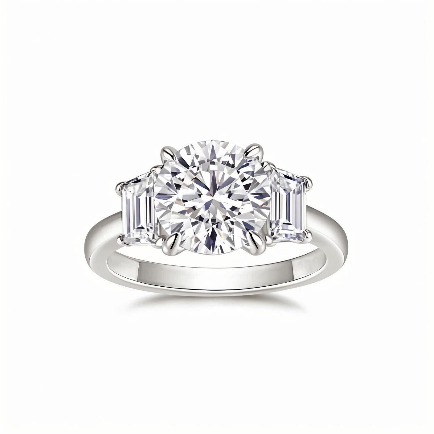 Round Moissanite Three Stone Engagement Ring with Trapezoid Step - cuts (3ct. ) - La Pretti