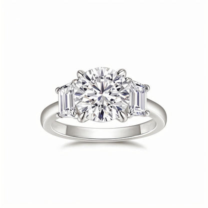 Round Moissanite Three Stone Engagement Ring with Trapezoid Step - cuts (3ct. ) - La Pretti