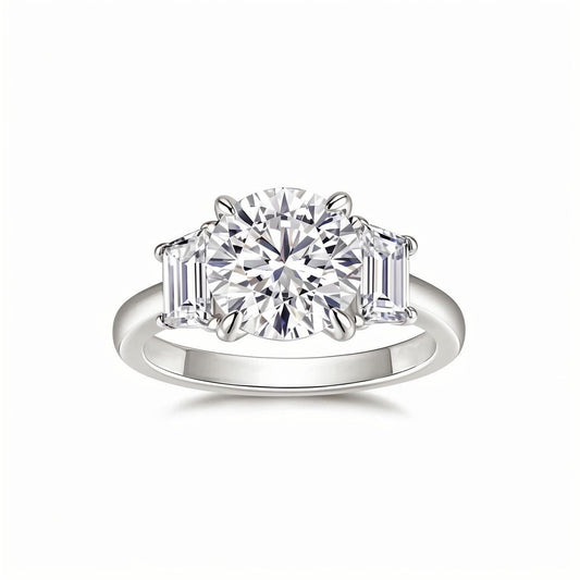Round Moissanite Three Stone Engagement Ring with Trapezoid Step - cuts (3ct. ) - La Pretti