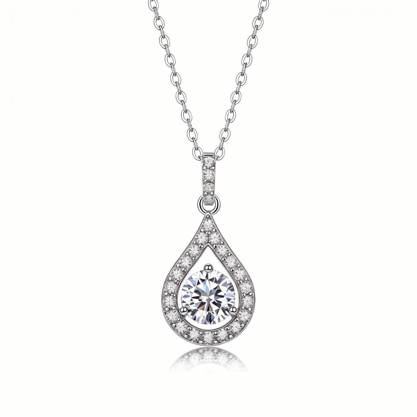 Teardrop Halo Moissanite Round Pendant Necklace in Floating Channel with Halo Bail (1ct. ) - La Pretti