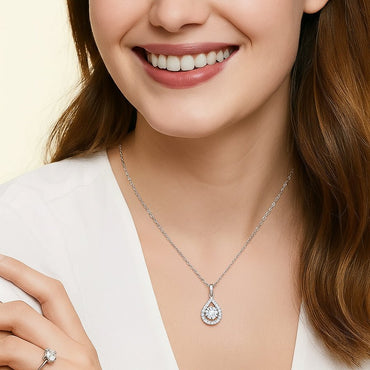 Teardrop Halo Moissanite Round Pendant Necklace in Floating Channel with Halo Bail (1ct. ) - La Pretti