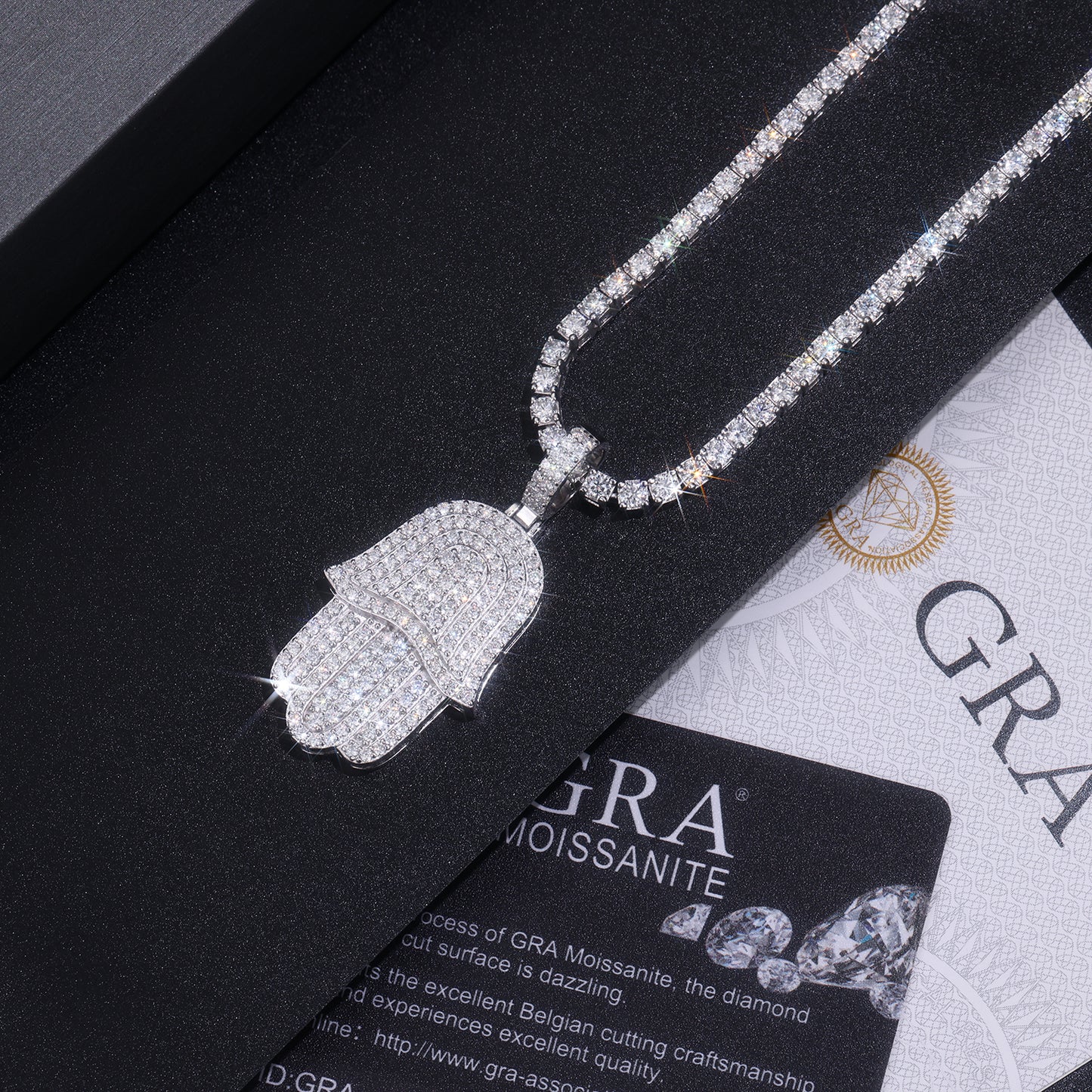 Iced Hamsa of Moissanite Fatima's Hand Pendant with Double Halo Bail (Charm) - La Pretti
