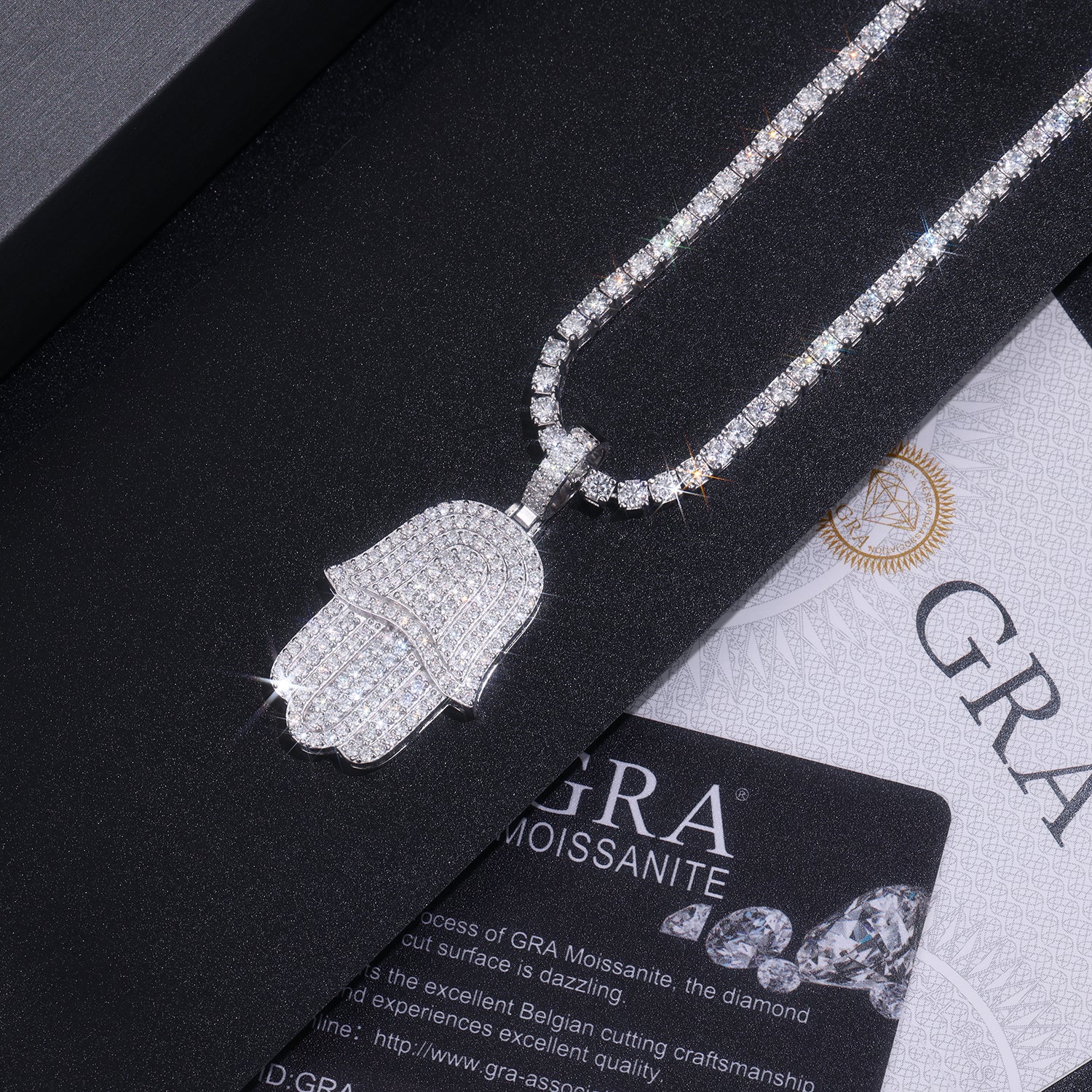 Iced Hamsa of Moissanite Fatima's Hand Pendant with Double Halo Bail (Charm) - La Pretti