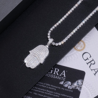 Iced Hamsa of Moissanite Fatima's Hand Pendant with Double Halo Bail (Charm) - La Pretti
