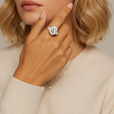 Elongated Oval Cut Moissanite Three Stone Engagement Ring with Hidden Halo in Baskets Setting (12ct. ) - La Pretti