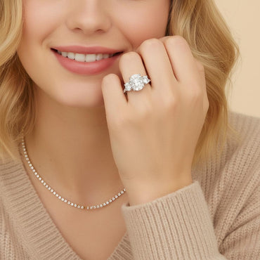 Trilogy Oval Cut Moissanite Three Stone Engagement Ring in Channel Pave Setting (10ct. ) - La Pretti