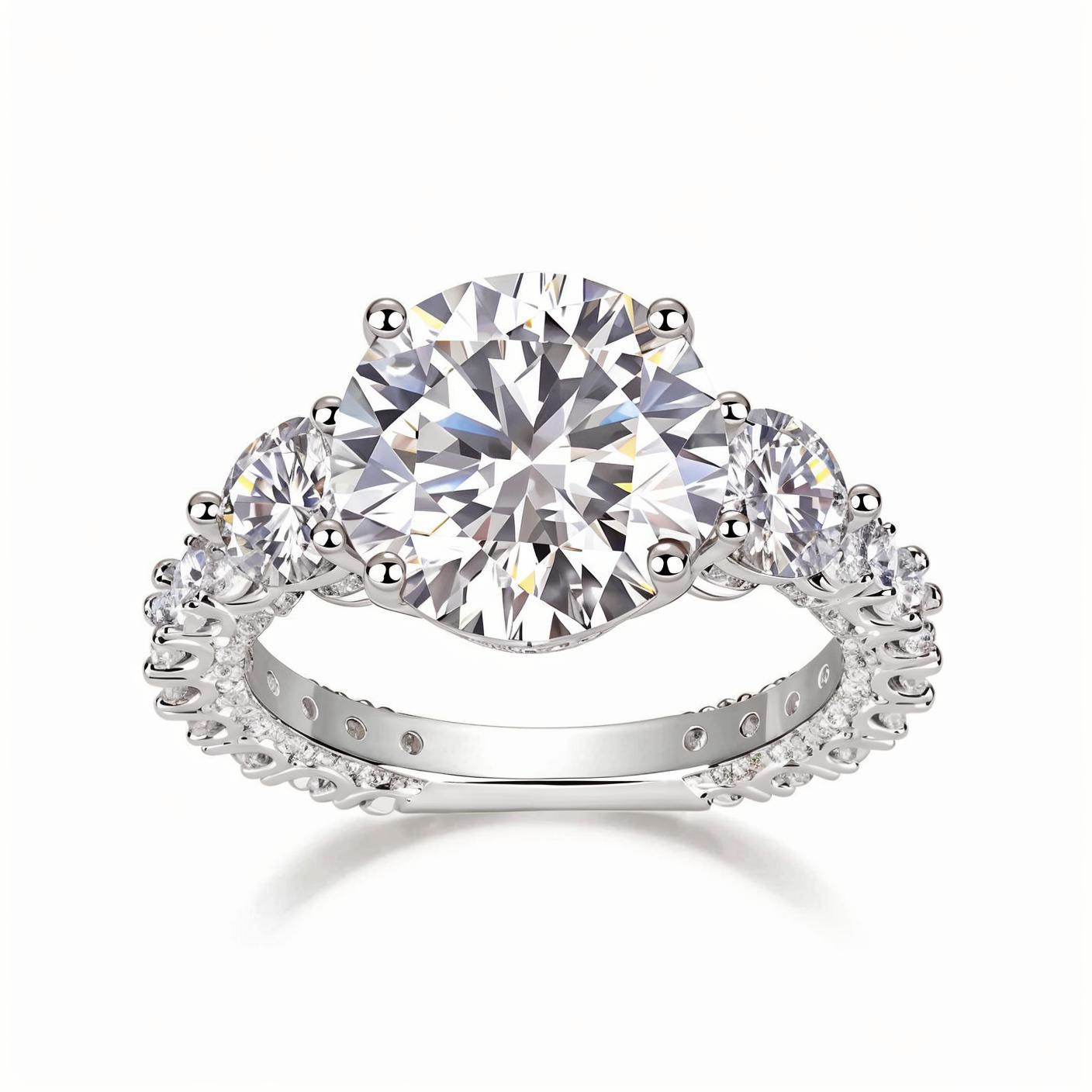 Trilogy Round Moissanite Three Stone Engagement Ring with Hidden Halo in Baskets Pave Setting (5ct. ) - La Pretti